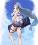  1girl arknights ass bag bare_shoulders black_choker blue_sky breasts choker commentary_request day eyewear_on_head feet_out_of_frame from_behind long_hair looking_at_viewer looking_back low-tied_long_hair medium_breasts no_hat no_headwear off-shoulder_shirt off_shoulder partial_commentary red_eyes saikoro_(et1312) shirt short_sleeves sidelocks silver_hair skadi_(arknights) sky solo standing sunglasses thigh_strap thighs very_long_hair white_shirt 