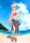  1girl absurdres beach bikini blue_sky blush bow bracelet clouds commentary_request day fate/grand_order fate_(series) grey_sarong hair_bow highres jewelry katana long_hair looking_at_viewer midriff mitsudomoe_(shape) navel ocean orange_eyes outdoors red_bow sandals sarong silver_hair sky smile solo swimsuit sword tomoe_(symbol) tomoe_gozen_(fate/grand_order) vegetablenabe very_long_hair weapon white_bikini 