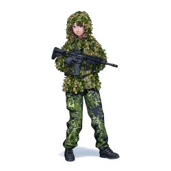  1girl absurdres artist_logo assault_rifle belt black_footwear black_gloves blonde_hair blue_eyes boots buttons camouflage camouflage_jacket camouflage_pants cargo_pants commentary danish_army danish_uniform denmark disguise full_body ghillie_suit gloves gun gun_sling highres holding holding_gun holding_weapon hood hooded_jacket jacket load_bearing_equipment long_sleeves looking_at_viewer magazine_(weapon) medium_hair military military_uniform optical_sight original ostwindprojekt pants pants_tucked_in pocket rifle scope shadow shoes simple_background sneakers soldier solo standing tactical_clothes teeth trigger_discipline weapon weapon_request white_background 