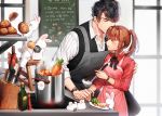  1boy 1girl apron black_bow bottle bow bread brown_hair carrot closed_eyes food hand_on_another&#039;s_arm hetero holding_hands iji_(u_mayday) indoors knife knife_block ladle li_zeyan long_sleeves love_and_producer mushroom pepper_shaker ponytail pot protagonist_(love_and_producer) rabbit red_bow sidelocks steam stepladder stove watch watch wine_bottle 