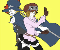  1boy 1girl ascot black_skirt black_thighhighs blonde_hair blue_coat brown_gloves coat commentary_request cowboy_shot frilled_shirt frills gloves goggles goggles_on_headwear hat helmet holding holding_helmet koala_(one_piece) looking_at_viewer missing_tooth one_eye_closed one_piece pink_shirt sabo_(one_piece) shirt short_hair skirt tanaka_(tanakya123) thigh-highs top_hat white_ascot yellow_background 