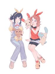  2girls ara_kitakita black_eyes black_hair black_shorts blush bow brown_footwear buneary closed_mouth collarbone commentary full_body grey_eyes hair_bow highres hikari_(pokemon) holding holding_pokemon may_(pokemon) minun multiple_girls on_shoulder open_mouth overalls plusle pokemon pokemon_(creature) pokemon_bdsp pokemon_on_shoulder pokemon_oras red_bow red_shirt shirt shorts sleeveless sleeveless_shirt symbol-only_commentary teeth upper_teeth_only white_background yellow_bow yellow_footwear 