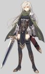  1girl armor belt breasts commentary_request eyebrows_visible_through_hair eyes_visible_through_hair full_body grey_background grey_hair hijiri_(resetter) holding holding_sword holding_weapon long_hair looking_at_viewer original sheath simple_background small_breasts solo standing sword thigh-highs weapon yellow_eyes 