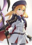  1girl absurdres artoria_pendragon_(all) artoria_pendragon_(caster) belt belt_buckle blonde_hair blush breasts buckle commentary_request cowboy_shot eyebrows_visible_through_hair fate/grand_order fate_(series) gloves green_eyes hair_between_eyes hat highres holding holding_staff long_hair long_sleeves looking_at_viewer pantyhose simple_background small_breasts smile solo staff standing tsurupy white_background 