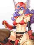  1girl abo_(hechouchou) abs armor bikini_armor blue_eyes breasts choker commentary_request dragon_quest dragon_quest_iii elbow_gloves gloves helmet highres long_hair pelvic_curtain purple_hair red_footwear red_gloves red_helmet revealing_clothes shadow shield soldier_(dq3) sweatdrop thigh_strap warrior weapon winged_helmet 