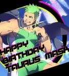  1boy bara black_hair bulge chest covered_nipples cowboy_shot dark_skin facial_hair gakuran goatee green_eyes happy_birthday highres jacket jacket_on_shoulders looking_at_viewer male_focus manly microphone multicolored_hair muscle pectorals school_uniform short_hair sideburns solo taurus_mask tight tokyo_houkago_summoners waku_(ayamix) wrestling_outfit 