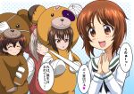  0_0 4girls akaboshi_koume animal_costume bandages bangs bear_costume birthday black_neckwear blouse boko_(girls_und_panzer) brown_eyes brown_hair closed_eyes commentary eyebrows_visible_through_hair eyepatch girls_und_panzer hands_together hanzou heart itsumi_erika long_sleeves looking_at_another medical_eyepatch medium_hair multiple_girls neckerchief nishizumi_maho nishizumi_miho ooarai_school_uniform open_mouth sailor_collar school_uniform serafuku short_hair siblings silver_hair sisters smile standing sweatdrop wavy_hair white_blouse white_sailor_collar 