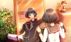  1girl black_hair black_jacket black_sailor_collar blue_ribbon blunt_bangs blurry cinderella_series closed_mouth depth_of_field dutch_angle film_grain full-length_mirror game_cg green_eyes hachigatsu_no_cinderella_nine highres indoors jacket lens_flare light_particles long_sleeves looking_at_mirror mirror non-web_source official_art plant reflection reflection_focus ribbon sailor_collar school_uniform serafuku shirt short_hair smile solo standing suzuki_waka unworn_jacket unworn_shirt white_shirt 