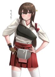  1girl akagi_(kancolle) breasts brown_eyes brown_hair hakama hakama_skirt highres japanese_clothes jouzaburou_(joe3) kantai_collection kimono large_breasts long_hair muneate red_hakama skirt smile thigh-highs white_kimono wide_sleeves 