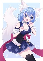  1girl :3 animal_ear_fluff animal_ears blue_background blue_eyes blue_hair bow breasts dress english_commentary highres huge_bow indie_virtual_youtuber kawaii_shinkou looking_at_viewer pale_skin short_hair tail thighs virtual_youtuber wolf_ears wolf_girl wolf_tail wolfychu 