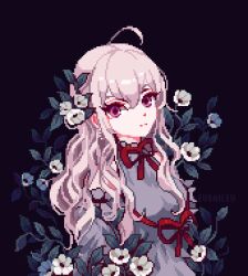  1girl ahoge artist_name blue_background bow bowtie closed_mouth curly_hair detached_sleeves dress evsailey expressionless flower grey_dress grey_sleeves leaf long_hair looking_at_viewer original pink_eyes pink_hair red_bow red_bowtie solo upper_body white_flower 