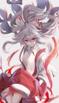  1girl absurdres bangs bow buttons collared_shirt fall_dommmmmer feet_out_of_frame fire fujiwara_no_mokou hair_bow hands_in_pockets highres long_hair long_sleeves looking_at_viewer ofuda pants red_eyes red_pants shirt sidelocks smile solo suspenders touhou very_long_hair white_hair white_shirt 