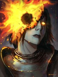  1other armor artist_name black_hair colored_skin commentary dovahcaine elden_ring embers english_commentary fire flaming_eye glowing glowing_eye highres lord_of_the_frenzied_flame_(elden_ring) medium_hair parted_lips pidge_(dovahcaine) portrait solo tarnished_(elden_ring) tears yellow_eyes 