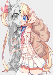  1girl :d ahoge arm_at_side armpit_crease bare_shoulders belt blonde_hair blue_choker blue_eyes blue_sailor_collar bow brown_cardigan cardigan choker commentary_request commission dot_nose dress english_text hair_between_eyes hair_bow hand_up highres long_sleeves looking_at_viewer neckerchief one_side_up open_cardigan open_clothes open_mouth original puffy_long_sleeves puffy_sleeves red_bow red_neckerchief sailor_collar school_uniform smile solo stylishtrash thigh-highs white_dress white_thighhighs 