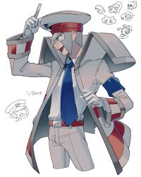  1boy :d ^_^ akamtvahosi archen armband belt blue_armband blue_necktie chibi closed_eyes coat collared_coat collared_shirt commentary_request cowboy_shot cropped_legs durant dwebble emmet_(pokemon) gloves grey_coat grey_eyes grey_hair grey_hat grey_pants hand_up hat index_finger_raised ingo_(pokemon) joltik long_sleeves looking_ahead male_focus necktie open_clothes open_coat open_mouth pants peaked_cap pokemon pokemon_(creature) pokemon_bw profile red_belt shelmet shirt shirt_tucked_in short_hair sideburns simple_background smile solo striped_coat translation_request tynamo v-shaped_eyebrows white_background white_gloves white_shirt wing_collar 