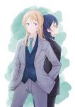  2girls ayase_eli back-to-back bangs black_jacket black_pants blonde_hair blue_eyes blue_hair cowboy_shot formal grey_jacket grey_pants hair_between_eyes hair_down hands_in_pockets highres jacket long_hair long_sleeves love_live! love_live!_school_idol_project multiple_girls necktie pant_suit pants sonoda_umi suit suito yellow_eyes 