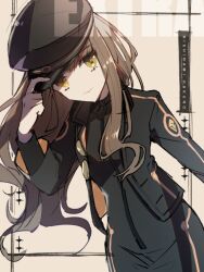  1girl black_dress black_hat black_jacket brown_hair chakku_kanda character_name commentary_request cowboy_shot curly_hair dress fate/grand_order fate_(series) hand_on_headwear hat jacket kishinami_hakuno_(female) light_brown_background light_smile long_hair long_sleeves looking_at_viewer military_hat military_uniform open_clothes open_jacket peaked_cap solo uniform yellow_eyes 