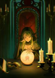  2girls absurdres blonde_hair candle candlestand crystal_ball detached_collar detached_sleeves dungeon_meshi elbow_rest falin_touden falin_touden_(chimera) green_eyes head_scarf highres indoors lace-trimmed_sleeves lace_trim long_hair looking_down marcille_donato marcille_donato_(lord) mirror multiple_girls sitting sleeves_past_wrists solo_focus swept_bangs table upper_body zhi_bi_mu 