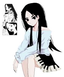 1girl bare_shoulders black_eyes black_hair black_skirt closed_mouth expressionless feet_out_of_frame highres invisible_chair kitsu_chiri long_hair long_sleeves looking_at_viewer miniskirt off-shoulder_shirt off_shoulder piano_print pleated_skirt print_skirt reference_inset sayonara_zetsubou_sensei shirt simple_background sitting skirt solo very_long_hair white_background white_shirt zukii3_mii_(mizumolasses) 