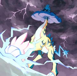  clouds cloudy_sky electricity eve_malus forked_tail from_below full_body highres lightning long_neck looking_at_viewer mane no_humans pokemon pokemon_(creature) pokemon_focus purple_fur raging_bolt sauropod sky solo storm_cloud striped_fur tail thunderstorm white_eyes 