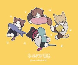  4boys animal_ears ball baseball_cap black_hat black_pants blonde_hair brown_eyes brown_hair cat_boy cat_ears cat_tail closed_eyes commentary_request cool_doji_danshi copyright_name double-parted_bangs facing_viewer full_body futami_shun hat highres hood hoodie hugging_object ichikura_hayate long_sleeves looking_at_viewer male_focus mima_takayuki multiple_boys nata_kokone pants parted_bangs paw_print pillow shiki_souma short_hair simple_background sleeping tail tennis_ball tongue tongue_out twitter_username yellow_background yellow_eyes 