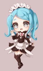  1girl apron aryarych blue_hair bridal_gauntlets chibi feather_trim fire_emblem fire_emblem_fates flora_(fire_emblem) grey_eyes highres long_sleeves maid maid_apron maid_headdress open_mouth solo twintails 