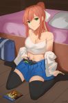  1girl 4hnyu bed bed_sheet bedroom black_legwear blue_skirt brown_hair controller doki_doki_literature_club feet game_console green_eyes highres jewelry long_hair monika_(doki_doki_literature_club) navel necklace no_shoes pillow ponytail ribbon room shirt sitting sitting_on_floor skirt solo thigh-highs thighs tied_hair top white_ribbon white_shirt 