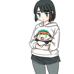  1girl :d :| aqua_eyes black_hair black_pantyhose black_shorts blunt_bangs blunt_ends blush blush_stickers breasts character_doll chibi closed_mouth cowboy_shot crossed_bangs dolphin_shorts flower flower_knot green_eyes hair_flower hair_ornament hinoshita_kaho holding holding_stuffed_toy hood hoodie large_breasts link!_like!_love_live! love_live! momose_ginko official_alternate_costume open_mouth orange_hair pantyhose pantyhose_under_shorts rabbit_hair_ornament shinanoya_(satanicad) short_hair short_shorts shorts simple_background sleeves_past_elbows smile solo stuffed_animal stuffed_bird stuffed_toy tsuru_(love_live!) two_side_up v-shaped_eyebrows virtual_youtuber white_background white_hoodie |_| 