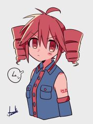  1girl angry antenna_hair black_shirt black_sleeves blush buttons closed_mouth collared_shirt detached_sleeves double-parted_bangs drill_hair hair_between_eyes jealous kasane_teto red_eyes redhead shirt signature sleeveless sleeveless_shirt solo twin_drills upper_body utau white_background yuusuke-kun 