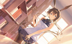  1girl absurdres amiya_(arknights) animal_ears arknights ascot bare_arms bare_shoulders black_ascot black_pantyhose blue_choker blue_eyes book bookshelf brown_hair choker closed_mouth commentary_request cowboy_shot dutch_angle floating_hair highres holding holding_book indoors jewelry long_hair looking_at_viewer multiple_rings pantyhose plaid_clothes plaid_skirt pleated_skirt ponytail rabbit_ears rabbit_girl ring shirt siro_joon skirt sleeveless sleeveless_shirt smile solo very_long_hair white_shirt window 