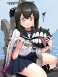  1girl bangs black_hair blue_sailor_collar blue_skirt blue_sky blush braid brown_eyes commentary_request day enemy_naval_mine_(kantai_collection) facing_viewer full_body funnel hair_between_eyes highres isonami_(kantai_collection) kantai_collection long_hair machinery mountain naughty_face ocean outdoors pleated_skirt sailor_collar school_uniform serafuku sidelocks skirt sky smokestack sweat teeth tentacles tsusshi water wavy_mouth 