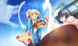  2girls :o black_hair blonde_hair blue_sky blurry cinderella_series depth_of_field dutch_angle floral_print_kimono food from_below game_cg green_eyes hachigatsu_no_cinderella_nine hair_ornament highres holding holding_mallet japanese_clothes kimono kine kite long_hair mallet mochi mochi_trail mochitsuki mortar_(bowl) multiple_girls new_year non-web_source nozaki_yuuki official_art open_mouth pink_kimono power_lines sash short_hair sky suzuki_waka sweatdrop turn_pale utility_pole wavy_mouth yellow_sash 