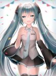  1girl black_skirt blue_hair blue_neckwear breasts detached_sleeves floating_hair hatsune_miku highres looking_at_viewer necktie open_mouth skirt small_breasts solo thigh-highs twintails vocaloid yuni_(irohasuiroiro) zettai_ryouiki 