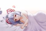  1girl blush bow collarbone commentary_request fujiwara_no_mokou hair_bow heart long_hair looking_at_viewer lying naked_sheet on_bed on_side red_bow red_eyes riria_(liry_a_flower) silver_hair smile solo touhou two-tone_bow under_covers very_long_hair white_bow 