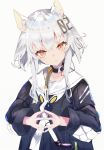  1girl :&lt; animal_ears bangs black_hair black_jacket closed_mouth collar fingers_together grey_background jacket long_sleeves multicolored_hair orange_eyes original sailor_collar shiromiso short_hair_with_long_locks simple_background solo upper_body white_hair white_neckwear white_sailor_collar 