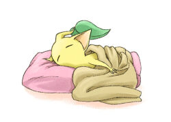  blanket closed_eyes commentary_request creature_focus leaf lying naru_(wish_field) no_humans no_mouth on_side pikmin_(creature) pikmin_(series) pillow pointy_ears shadow simple_background sleeping under_covers white_background yellow_pikmin 