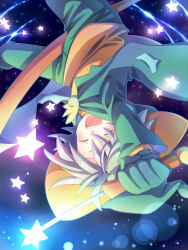  1boy ^_^ closed_eyes coat coattails cowboy_shot gloves glowing green_coat green_gloves green_hat green_jacket grey_hair happy hat holding holding_wand jacket lemres_(puyopuyo) long_sleeves male_focus open_mouth puyopuyo short_hair sky solo space star_(sky) star_(symbol) star_wand starry_sky teeth upper_teeth_only upside-down wand wing_pin witch_hat yosaki_(shoki1white) 