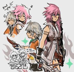  1boy 1girl absurdres arm_tattoo asymmetrical_hair belt blue_eyes chibi chibi_inset closed_eyes english_commentary excuse_me_he_asked_for_no_pickles_(meme) eyelashes final_fantasy final_fantasy_xiii fingerless_gloves gloves grey_eyes grey_hair highres hope_estheim leaning_on_person lightning_farron long_hair meme multiple_views pink_hair short_hair smile snoozaga standing sword tattoo weapon zzz 