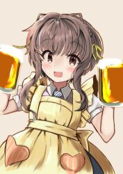  1girl alcohol apron beer beer_mug black_hair braid brown_eyes collared_shirt commentary_request cup dress_shirt hair_ribbon kantai_collection mug necktie ribbon shirt shizuwa_akira short_hair_with_long_locks sidelocks smile solo striped_necktie ukuru_(kancolle) white_shirt yellow_apron 