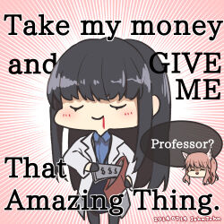  2girls animal_ears artist_name black_gloves black_hair black_pantyhose black_skirt blood blood_from_mouth blue_shirt blush closed_mouth collared_shirt commentary_request cropped_head dated deformed english_text feet_out_of_frame female_professor_(neural_cloud) girls'_frontline_neural_cloud gloves hair_between_eyes holding holding_money holding_wallet johnjohn_(johnjohn_1028) lab_coat lanyard long_hair long_sleeves money multiple_girls open_mouth pantyhose persicaria_(neural_cloud) pink_hair professor_(neural_cloud) shirt skirt smile speech_bubble wallet 