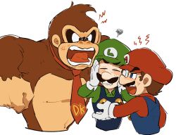  3boys anger_vein ape blue_eyes blue_overalls brown_hair donkey_kong donkey_kong_(series) facial_hair gloves green_shirt hat highres luigi male_focus mario mimimi_(mimimim9999) multiple_boys mustache necktie open_mouth overalls shirt short_hair super_mario_bros. white_gloves 