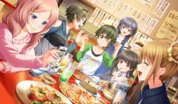  6+girls :d :t ^_^ apron black-framed_eyewear black_hair black_jacket black_shirt blue_apron blue_hair braid cellphone chinese_food chopsticks cinderella_series clenched_hand closed_eyes closed_mouth collarbone collared_shirt crossed_bangs cup dark_blue_hair double_bun drinking_glass drinking_straw dumpling dutch_angle eating eyewear_on_head food game_cg green_eyes green_hair hachigatsu_no_cinderella_nine hair_bun hair_ornament hairclip hanayama_emi highres holding holding_chopsticks holding_phone holding_plate hood hood_down hoodie indoors jacket jiaozi kondou_saki long_hair long_sleeves looking_at_food looking_at_phone looking_to_the_side low_twin_braids menu_board motion_blur multicolored_clothes multicolored_hoodie multicolored_shirt multiple_girls nagai_kanako nakano_ayaka nitta_minako non-web_source official_art one_eye_closed open_mouth phone pink_hair pink_shirt plate print_shirt rice shirt short_hair smartphone smile speed_lines taketomi_aya teeth twin_braids upper_teeth_only violet_eyes white_shirt 