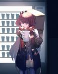  1girl absurdres cafe coffee_cup cup disposable_cup drink girls_frontline hand_on_own_shoulder highres holding holding_drink long_hair looking_away looking_down open_mouth pov pov_dating red_eyes red_scarf rzx0 scarf short_sidetail side_ponytail solo very_long_hair wa2000_(girls_frontline) 