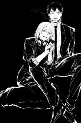  21g_yaseru 2boys androgynous arm_at_side black_background cigarette double-parted_bangs dress_pants dress_shoes earrings facial_mark formal full_body greyscale hand_tattoo hand_up high_collar highres hirohiko_(kagurabachi) holding holding_cigarette implied_yaoi interlocked_fingers invisible_chair jacket jewelry kagurabachi leaning_on_person legs_together long_hair looking_at_viewer lying male_focus mark_under_both_eyes monochrome multiple_boys necktie on_side own_hands_together pants parted_lips short_hair simple_background sitting sleeves_past_elbows smile smoke smoking spread_legs suit suit_jacket tattoo teeth yura_(kagurabachi) 
