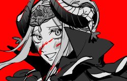  1girl absurdres blood blood_in_hair blood_on_clothes blood_on_face blood_splatter c4vknggjci51182 cape close-up collared_cape commentary_request double_bun edelgard_von_hresvelg fake_horns fire_emblem fire_emblem:_three_houses from_side hair_bun hair_up headpiece highres horns looking_at_viewer looking_to_the_side looking_up monochrome red_background simple_background smile solo teeth 