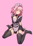  1boy absurdres alternate_costume astolfo_(fate) black_gloves black_legwear black_ribbon blush enmaided fate/apocrypha fate/grand_order fate_(series) fingerless_gloves frills gloves hair_ornament hej highres long_hair looking_at_viewer maid maid_headdress otoko_no_ko pink_background pink_hair ribbon simple_background solo thigh-highs violet_eyes 