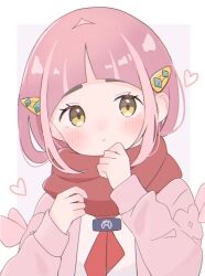  1girl arched_bangs blush brown_eyes cardigan closed_mouth eyelashes hair_ornament hairclip heart highres lacey_(pokemon) long_sleeves looking_at_viewer neckerchief pink_cardigan pink_hair pokemon pokemon_sv red_neckerchief red_scarf scarf short_hair solo sugoiumainegi upper_body 