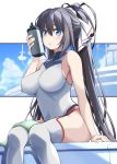  1girl bare_shoulders big_wednesday black_hair blue_eyes blue_sky bottle bow breasts clouds covered_navel green_bow hair_ribbon high_ponytail highres infinite_stratos large_breasts leotard long_hair looking_at_viewer pilot_suit ponytail ribbon shinonono_houki shiny shiny_hair sitting sky solo split_ponytail thigh-highs water_bottle white_legwear white_leotard 