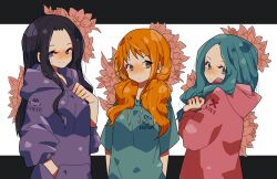  3girls black_hair blue_eyes blue_hair blue_hoodie brown_eyes character_name commentary_request earrings flower highres hood hoodie jewelry long_hair looking_at_viewer multiple_girls nami_(one_piece) nefertari_vivi nico_robin noise_pp one_piece orange_hair pearl_earrings pink_hoodie purple_hoodie sidelocks smile upper_body 