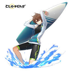  1boy alternate_hair_color arms_up black_unitard blue_eyes brown_hair closers copyright_name cowboy_shot grin hair_between_eyes hands_up highres holding holding_surfboard jacket knee_up logo long_sleeves looking_at_viewer male_focus nata_(closers) official_art partially_unzipped short_hair smile solo surfboard teeth toned toned_male unitard v-shaped_eyebrows variant_set wading watch watch water white_background white_jacket 